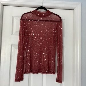 Mango Glitter Sheer Long Sleeve Top - Red